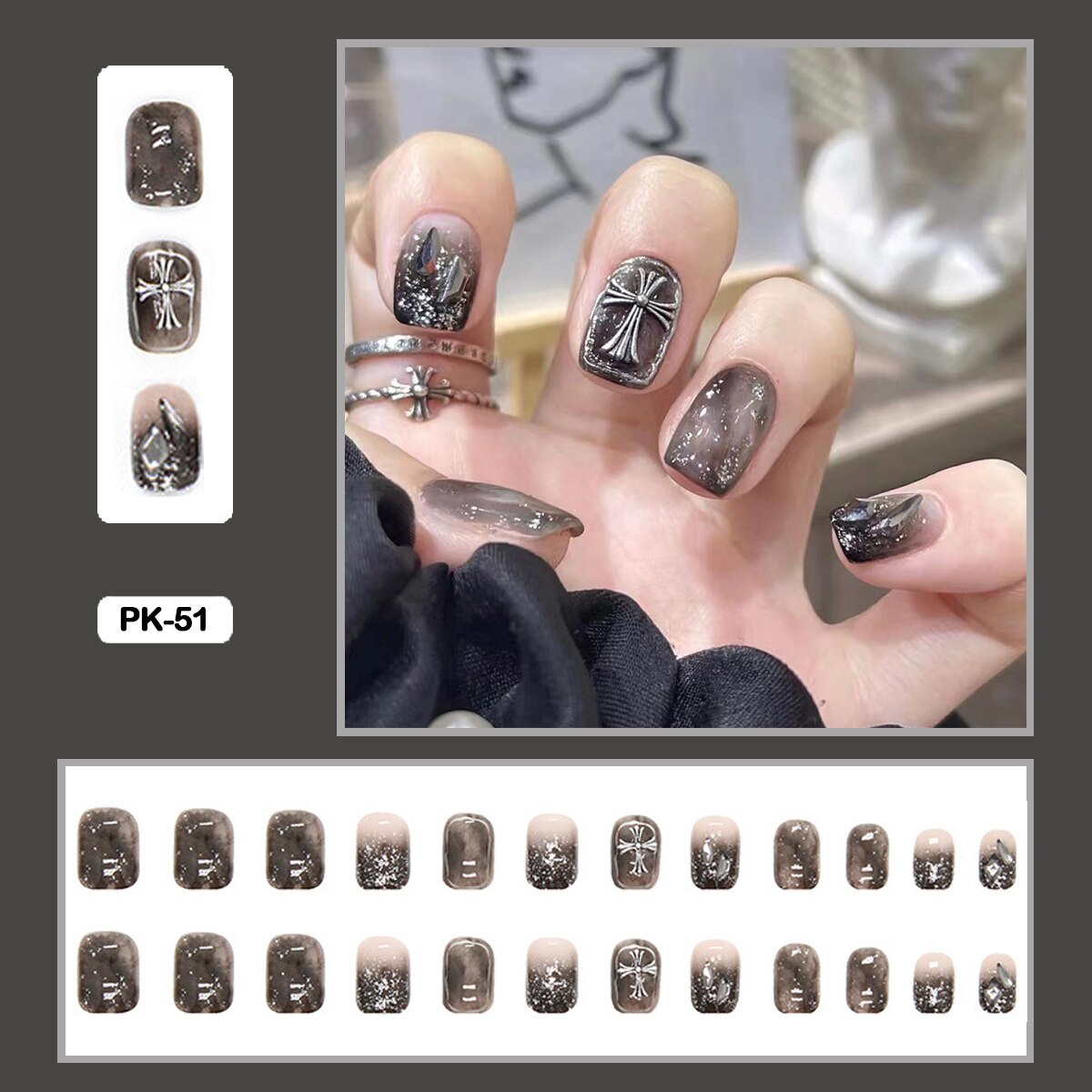 24PCS Dark Punk False Nails with Glue Gradient Long Detachable Fire Stick on Nails Skull Flame  Art DIY Fashion Manicure Tool