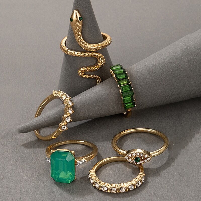 6pcs/set Luxury Green Rhinestone Rings for Women Vintage Crystal Snake Adjustable Metal Ring Set Jewelry