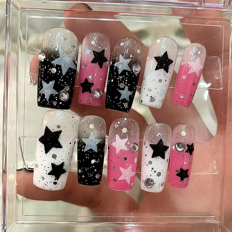 Handmade Pink Glittery Y2K Fake Nail With Glue Detachable Luxury False Nails Tips Reusable Press On Nails Coffin Manicure Art