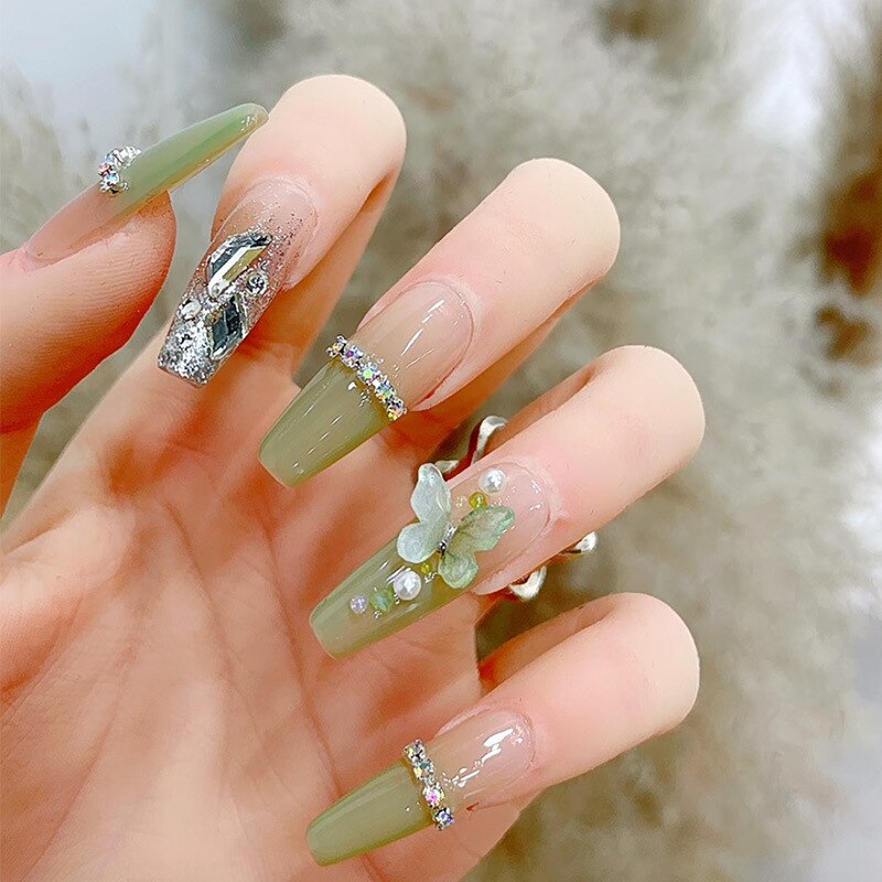 24pcs Wearable Purple Halo Pearl Press on nails Green Lawn Butterfly decorated fake nails with glue False Nails with Diamonds