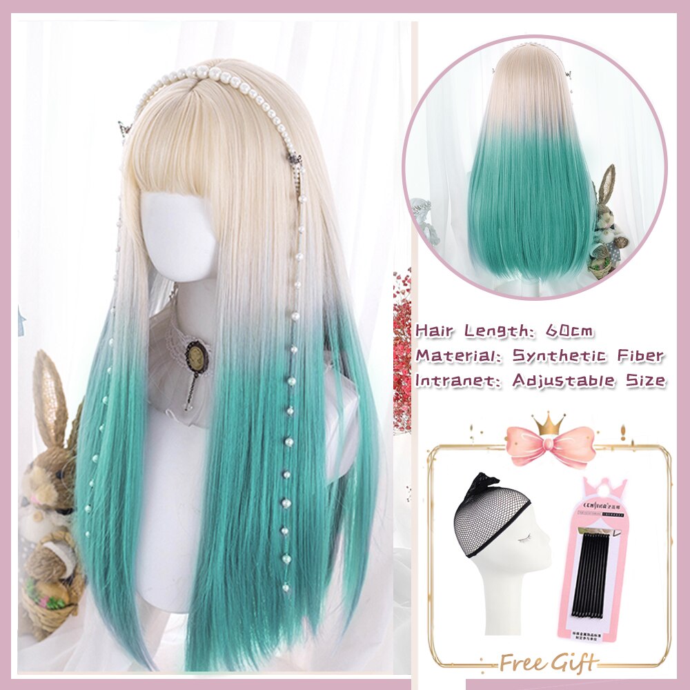 Cosplay Purple Blue High Gloss Bangs Synthetic Long Curly Hair Wig Lolita Women Heat-resistant Wig