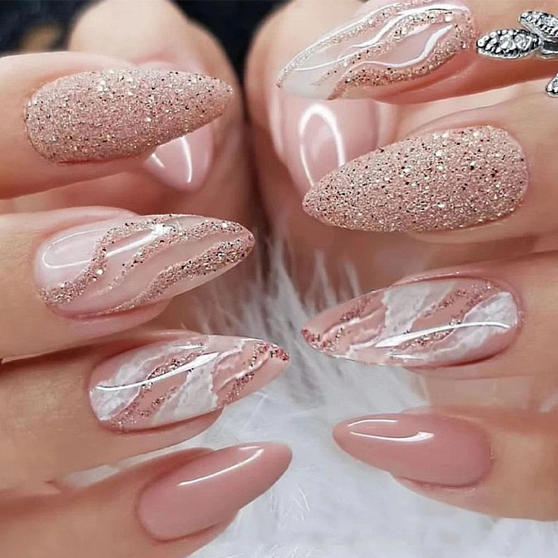 24pc Wearable Fake nails with glue gradient nude powder design artificial nails short false nail broken drill pink press on nail