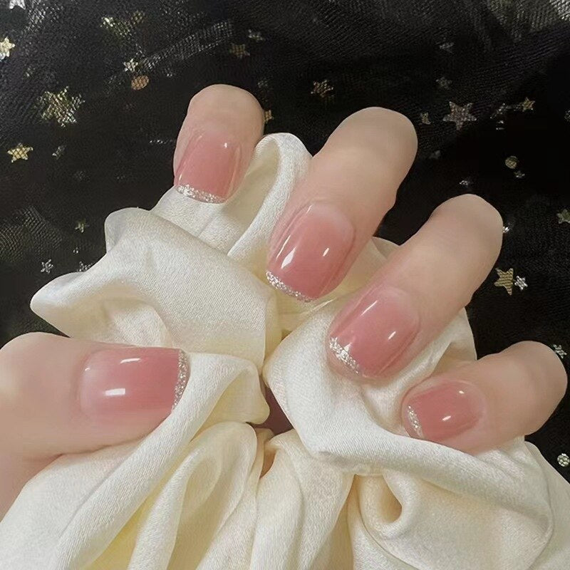 24pcs removeable short fake nails with glue Nude Pink artificial false nails with diamond designs acrylic press on nails