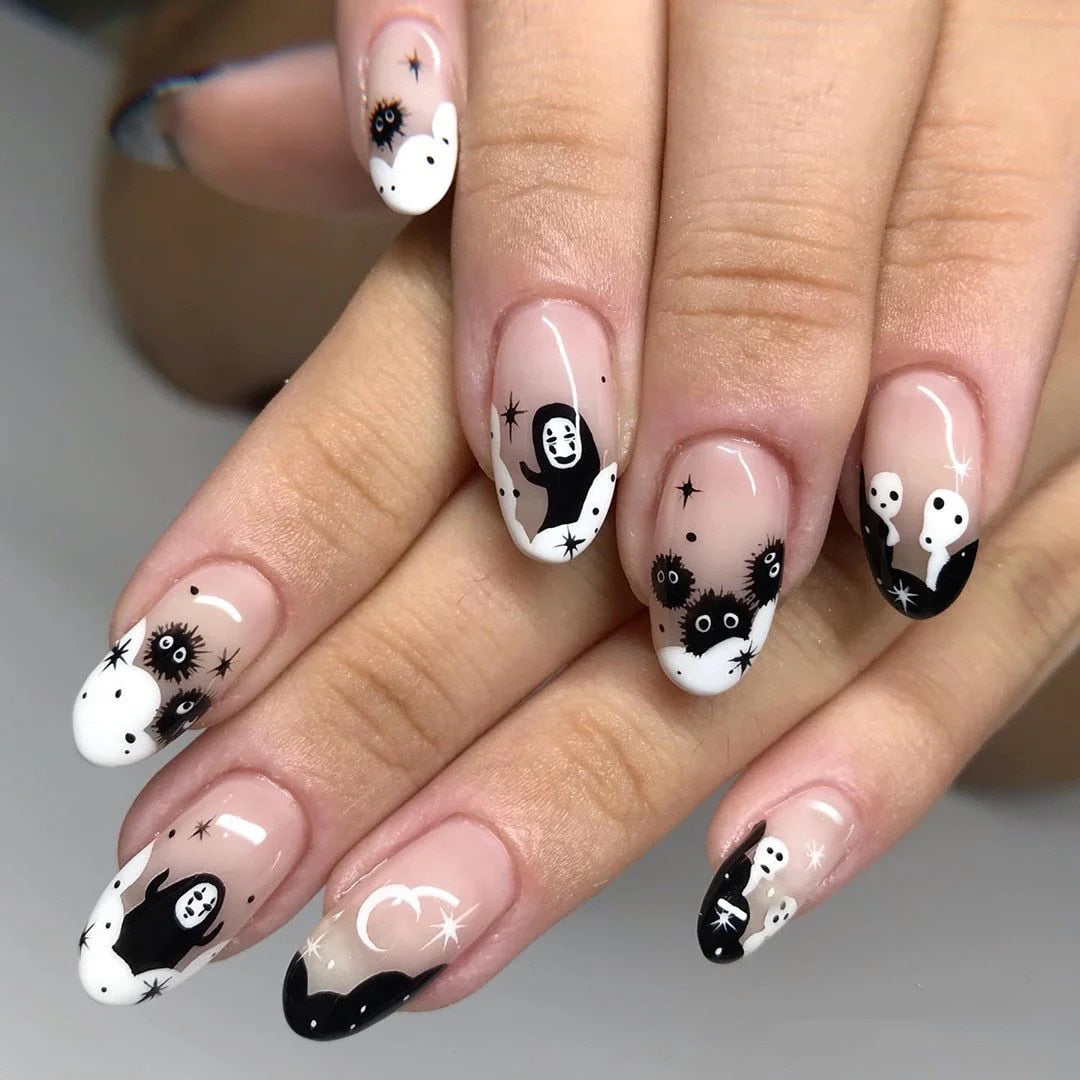 24Pcs Halloween Black Ghost Long Ballet False Nails With Heart Blood Design Halloween Press On Nails Detachable Full Cover Nails