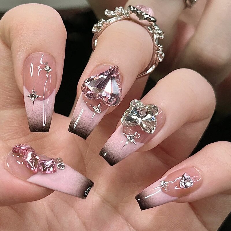 24Pcs/box Luxe Shining Rhinestone Wedding False Nails Transparent Glitter Gems Crown Designed Square Full Short nails Bride