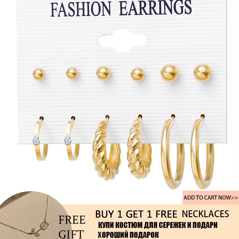 17KM Gold Color Twist Hoop Earrings Set for Women Girls Heart Pearl Metal Earring