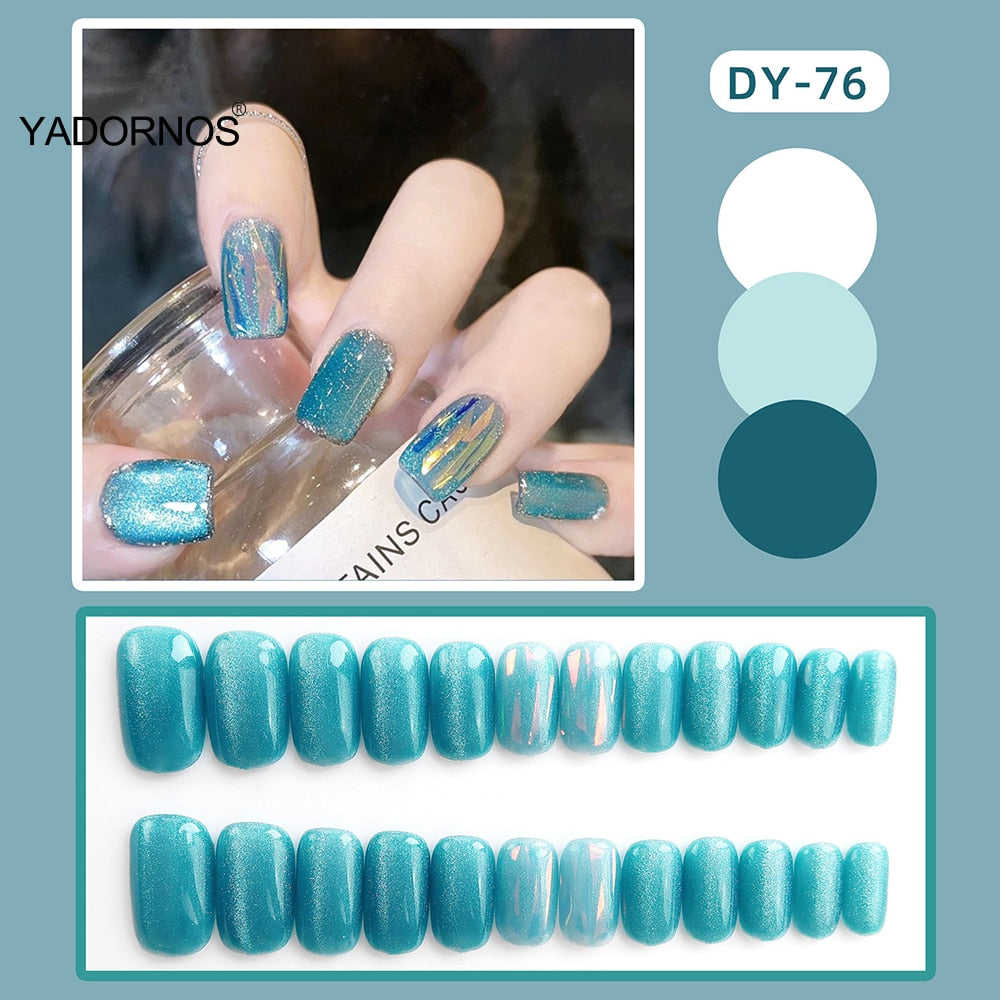 24pcs Cat Eye False Nail Sky Blue Color Fake Nail Tips Full Cover Fashion Nail Art Short Style Press on Nail Manicure Nail Tips