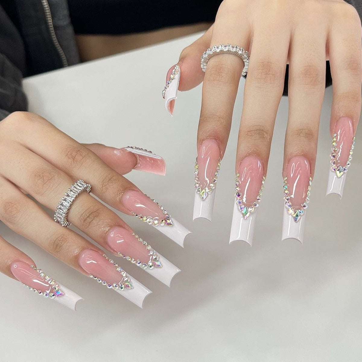 24Pcs Full Cover False Nails with Glue Long Square Coffin Fake Nails French Detachable Ballet Love Pattern Design Press on Nails