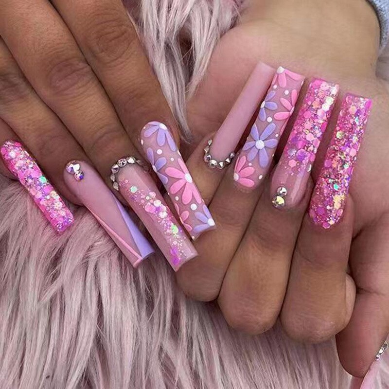 24pcs/box fake nails with Glue Detachable Long Ballerina False Nails With Design Wearable Fake Nails Full Cover