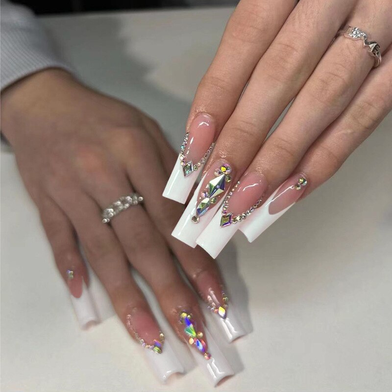 24Pcs Extra Long Ballet False Nails with Rhinestone Acrylic Square Head Fake Nails Heart-shaped Designs Wearable Press on Nails