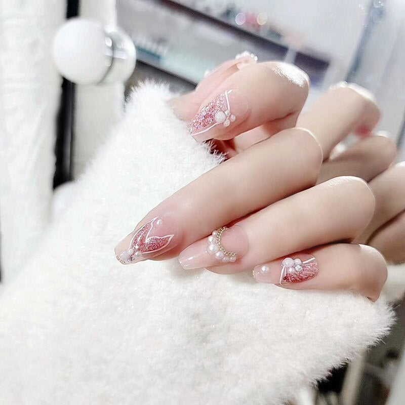 Fake Nails Sets Press on Ballet False Nails with Flower Designs Removable Acrylic Artificial Nails Glitter Nails Art Long Tips