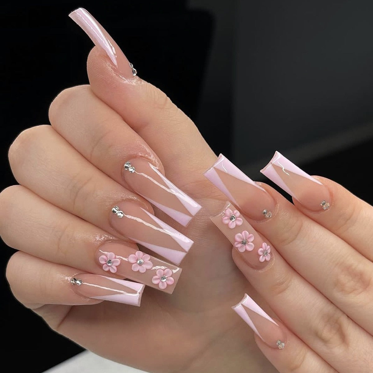 24pcs/box fake nails with Glue Detachable Long Ballerina False Nails With Design Wearable Fake Nails Full Cover