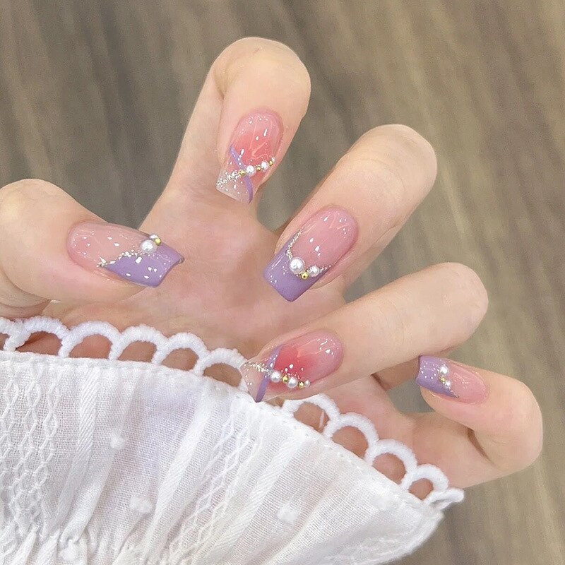 24Pcs Ballerina Long Square Nail Tips False Nails Wearable Fake Nails Butterfly Camellia Flower Pearl Design Press on Nails