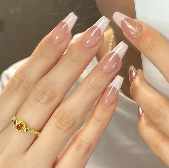 24Pcs Simple False Nails with White Edged Designs Long Ballerina Fake Nails Wearable Coffin French Nails Tips Press on Nails