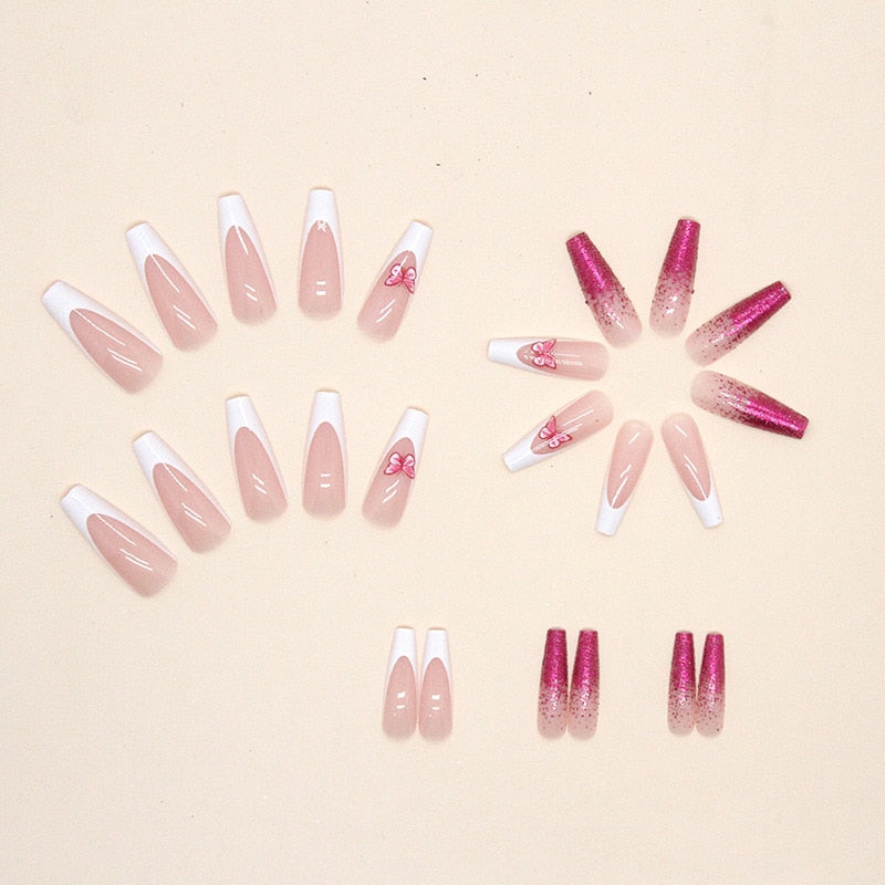 Long Ballet False Nails Solid Color Simple Waterproof French Gradient Glitter Purple Pink Cute Butterfly Wearable Nail With Glue