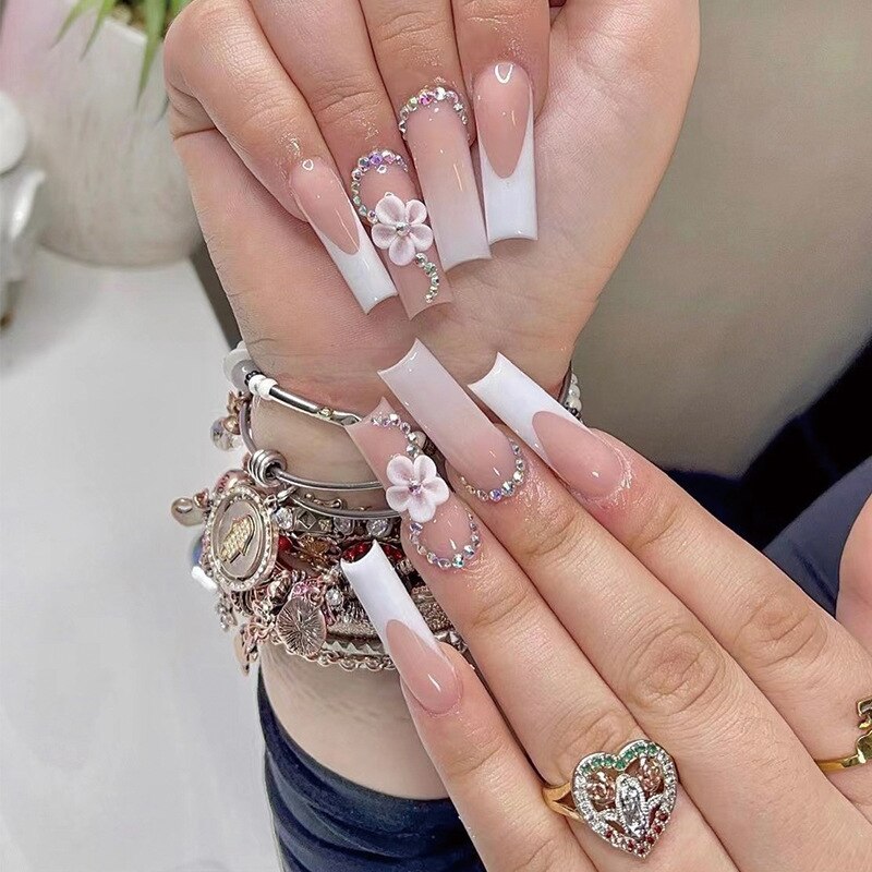 24Pcs Yellow False Nails Long Coffin Flower Butterfly with Rhinestones French Design Wearable Fake Nails Press on Nails Tips