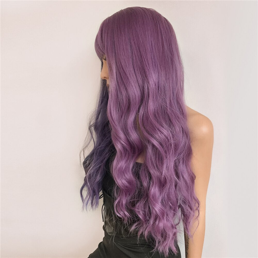 Purple Pink Long Wavy Synthetic Wig with Bangs Cosplay Christmas Halloween Hair Two Tone Ombre Wig For Women Heat Resistant