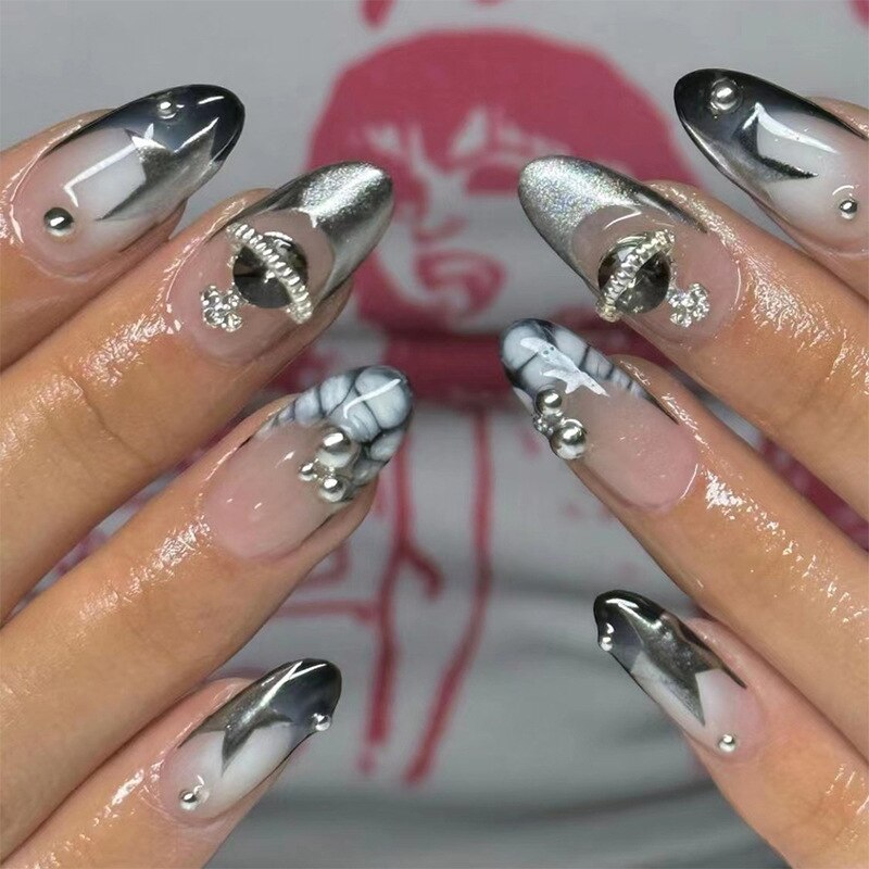 24Pcs Halloween Black Ghost Long Ballet False Nails With Heart Blood Design Halloween Press On Nails Detachable Full Cover Nails