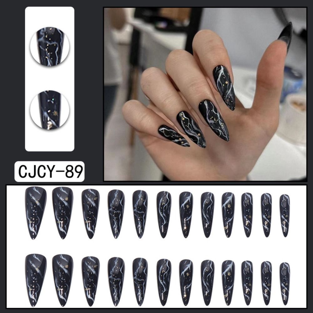 24pcs Long Stiletto False Nails Flower Tree Wearable French Fake Nails Press On Nails Leopard print Design Manicure Tips