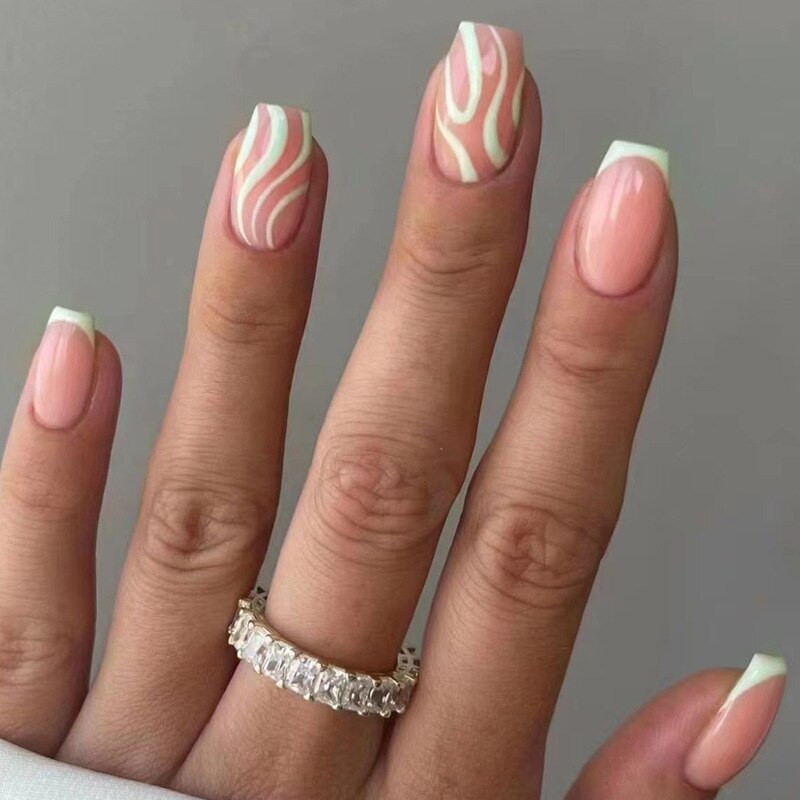 24Pcs Simple False Nails with White Edged Designs Long Ballerina Fake Nails Wearable Coffin French Nails Tips Press on Nails