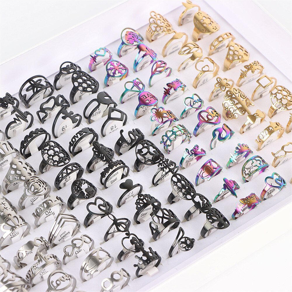 Pack of 15pcs Stainless Steel Hollow Mix Heart Crown love Animal Flower Geometric Rings For Women Party Gift (4 Colors)