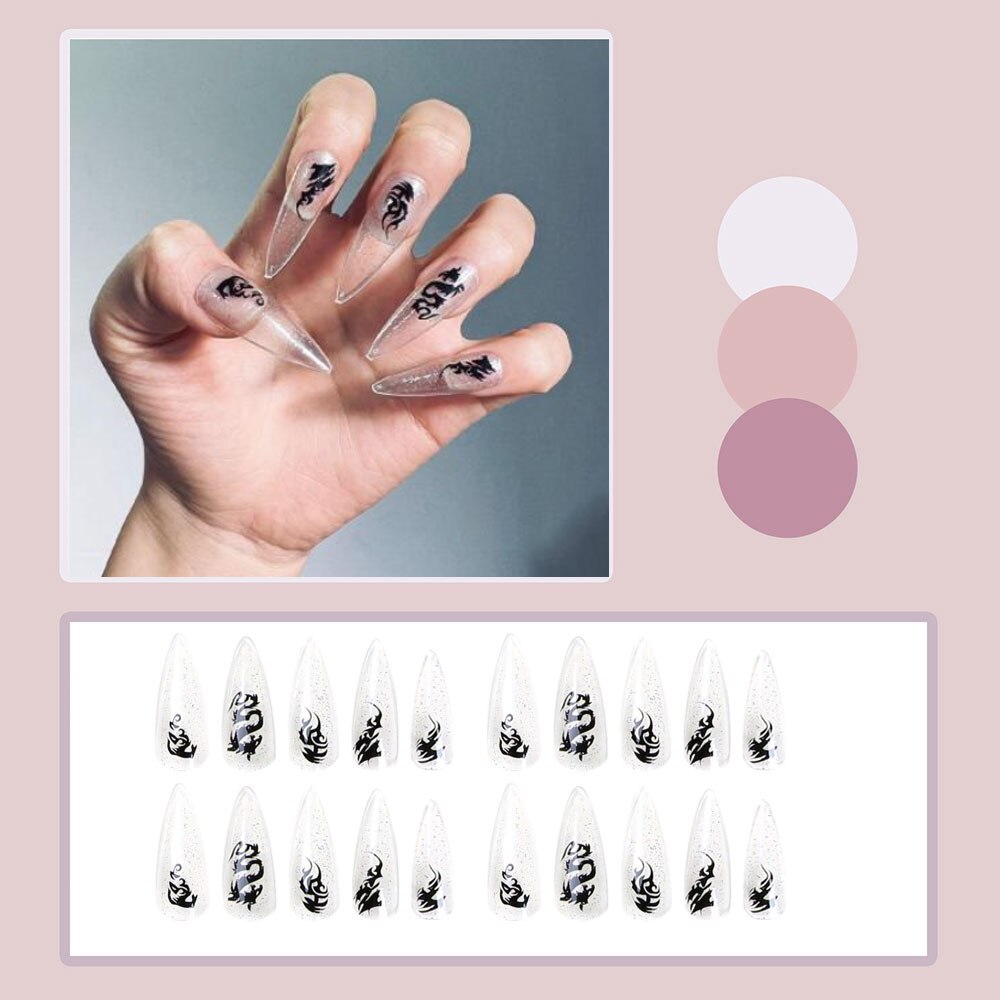 24pcs Long Stiletto False Nails Flower Tree Wearable French Fake Nails Press On Nails Leopard print Design Manicure Tips