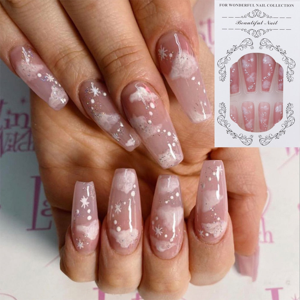 Purple Pink Ombre Rhinestone Fake Nails Coffin Ballerina Ladies Fingernails Natural Long French Gradient Press On False Nails