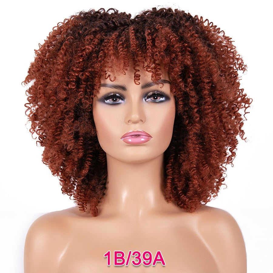 Short Kinky Curly Wigs Pink Blonde Color Curly Afro Wig Short 14 Inch Curly Bob Wig Synthetic Heat Resistant Wigs With Bangs