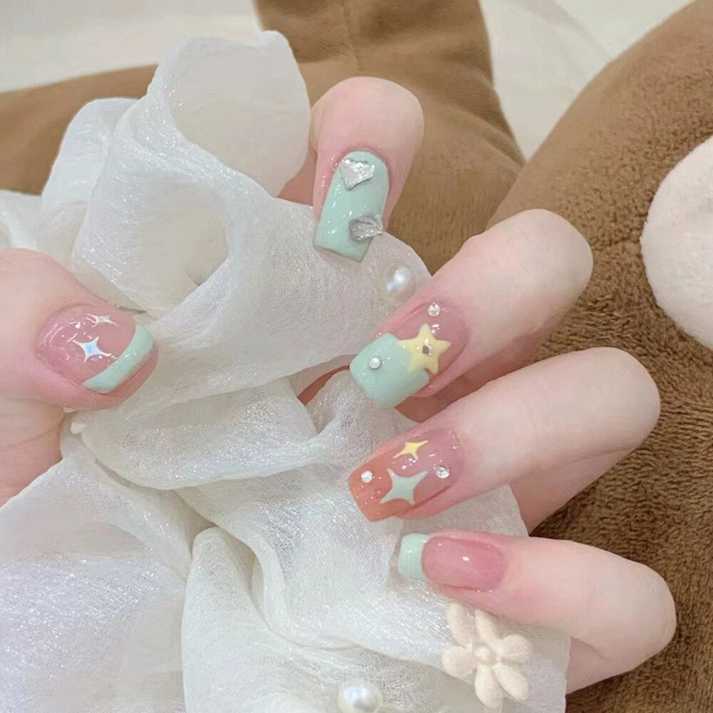 Fake Nails Sets Press on Ballet False Nails with Flower Designs Removable Acrylic Artificial Nails Glitter Nails Art Long Tips