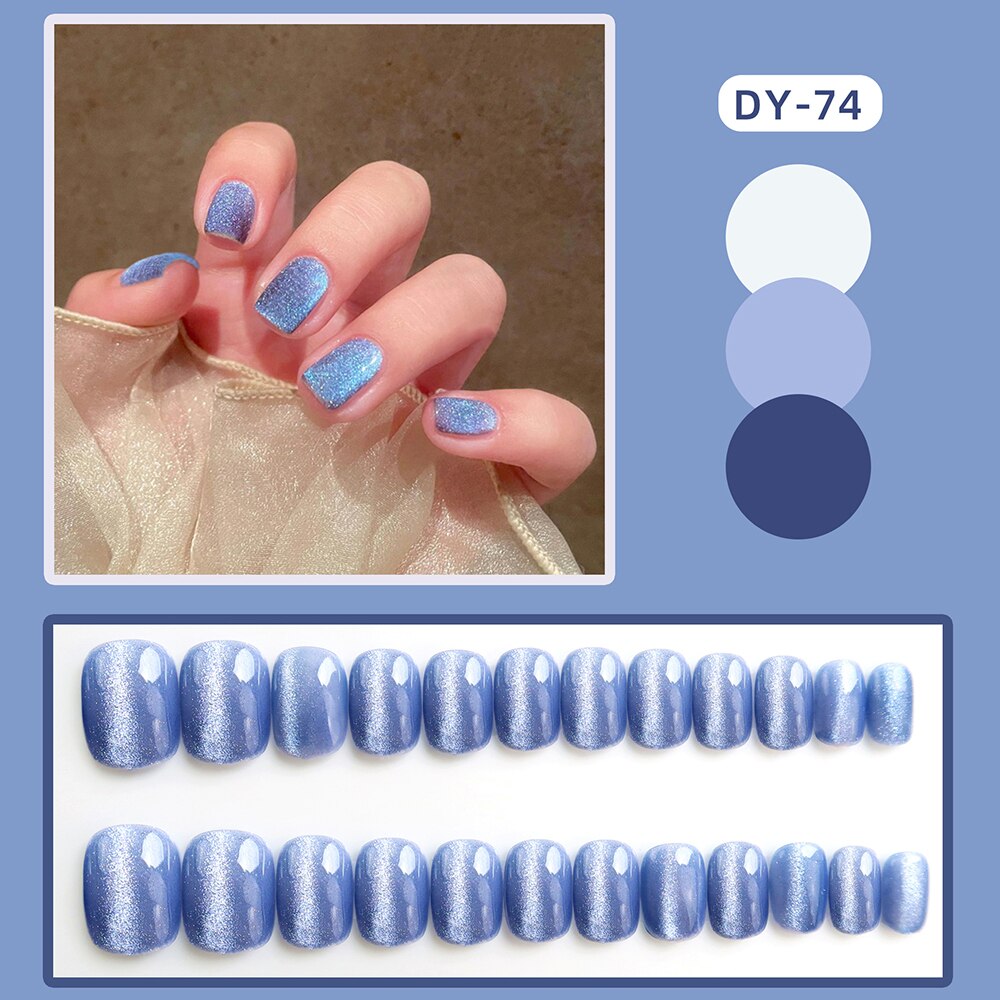 24pcs Cat Eye False Nail Sky Blue Color Fake Nail Tips Full Cover Fashion Nail Art Short Style Press on Nail Manicure Nail Tips