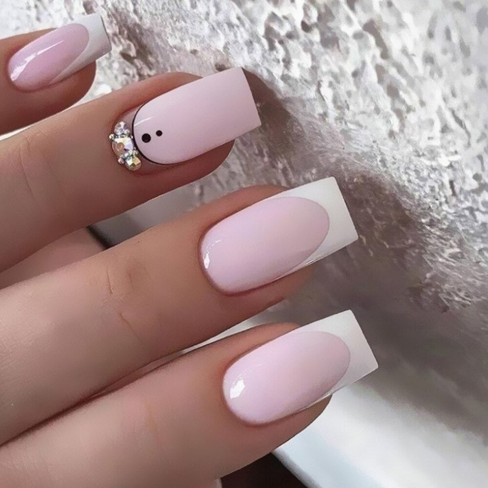 24Pcs Simple False Nails with White Edged Designs Long Ballerina Fake Nails Wearable Coffin French Nails Tips Press on Nails