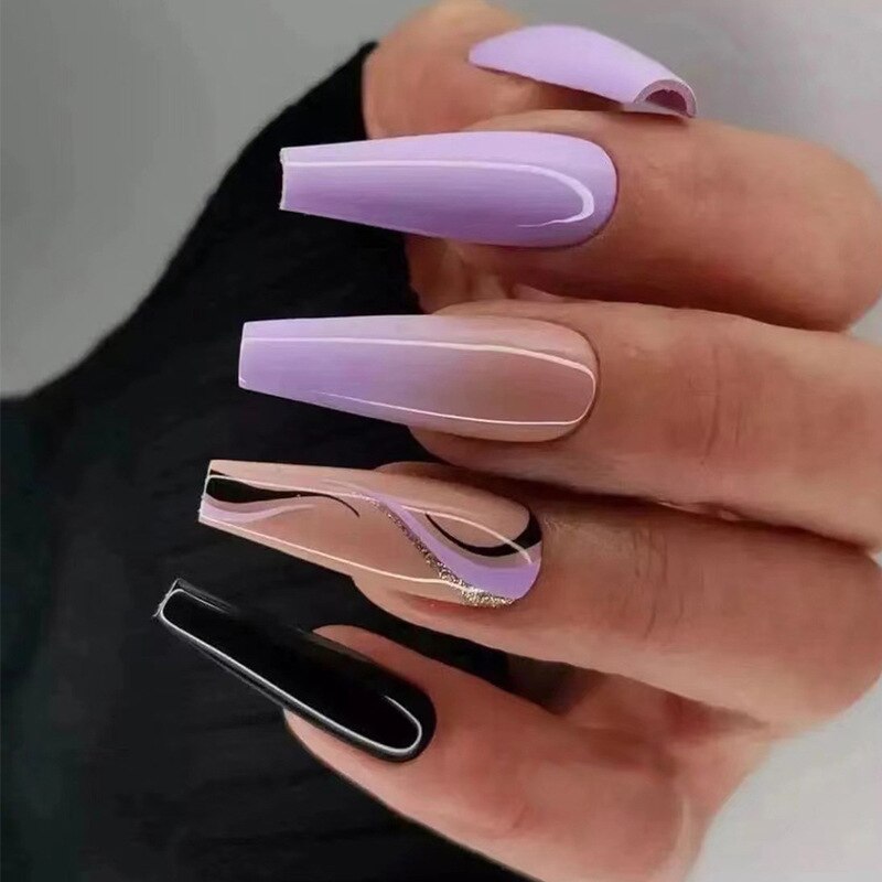 24Pcs Purple Gradient Long Ballet False Nails Flower Design with Glue French Fake Nails Wearable Coffin Press on Nails Tips