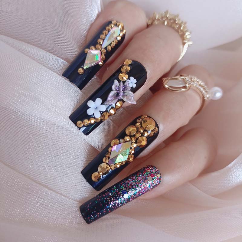 24pcs luxury jewelry long ballet coffin fake nails crystal diamond sexy black