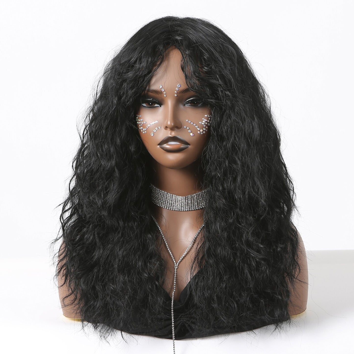 Black Curly Synthetic Wigs Natural Long Women's Wig with Bangs Deep Water Wave Bohemian Cosplay Wig For Black Women Fake Hair