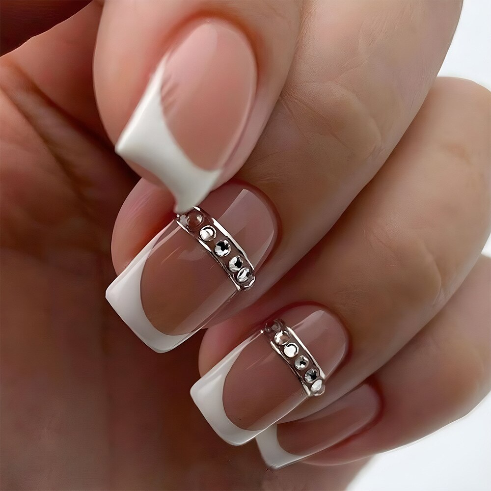 24Pcs Simple False Nails with White Edged Designs Long Ballerina Fake Nails Wearable Coffin French Nails Tips Press on Nails