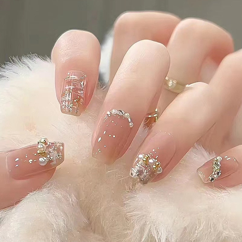 24pcs/box gradient French artifical nails with glue shiny star Fake Nails Lovely Girl korean press on nails ballerina False Nail