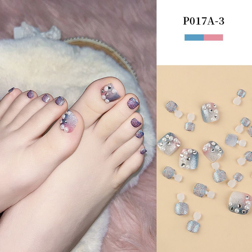 Artificial Toenails Glitter Rhinestones Sequins Fake Toenails Full Cover Short Square Toe Nails Foot Nails Tips for Women Girls