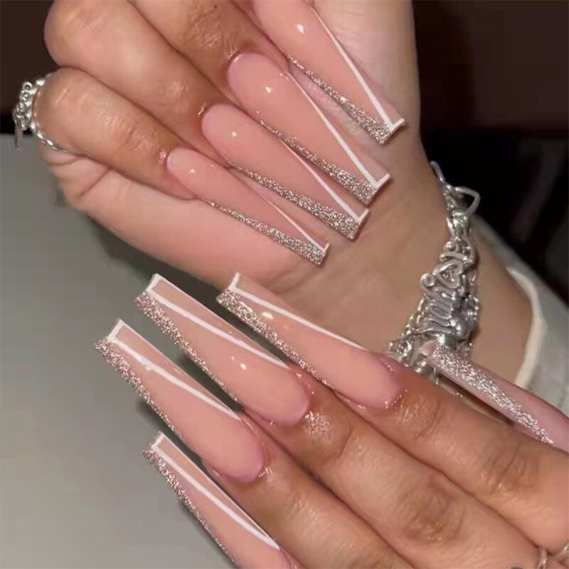 24pcs artificial nails pink french press on nails Sticker Fake Nails Tips With Glue Full Cover Detachable Finished Fingernails