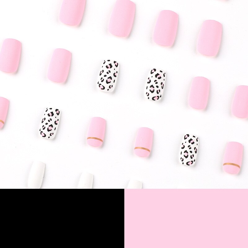 24pcs detachable Matte Pink Leopard Print Gold Line Press On Nails short coffin Blue-purple gradient French fake nails with glue