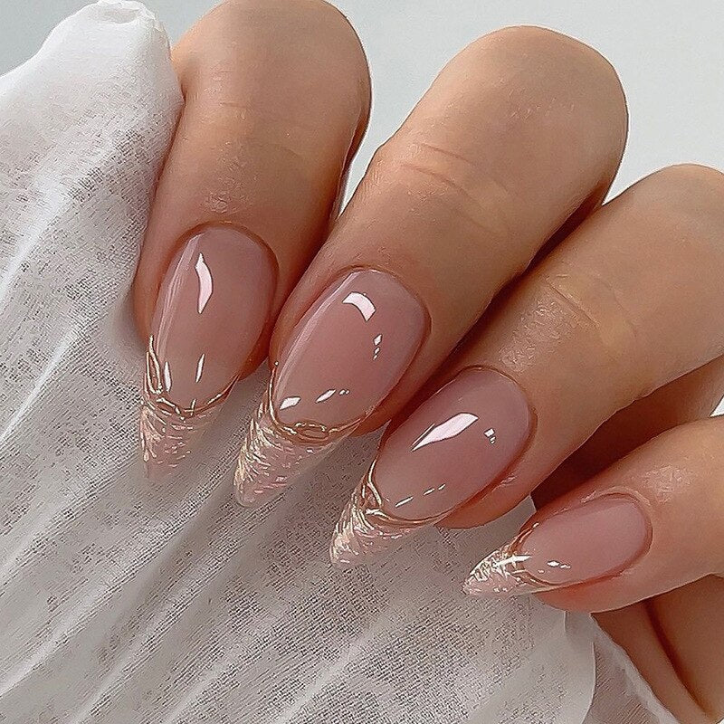 24pc Wearable Fake nails with glue gradient nude powder design artificial nails short false nail broken drill pink press on nail