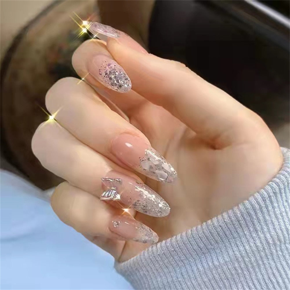 24pcs Aurora Glitter Fake Nails Long Stiletto Full Cover Pointed False Nail Patch Colorful Glossy Acrylic Nail Tips with Jelly