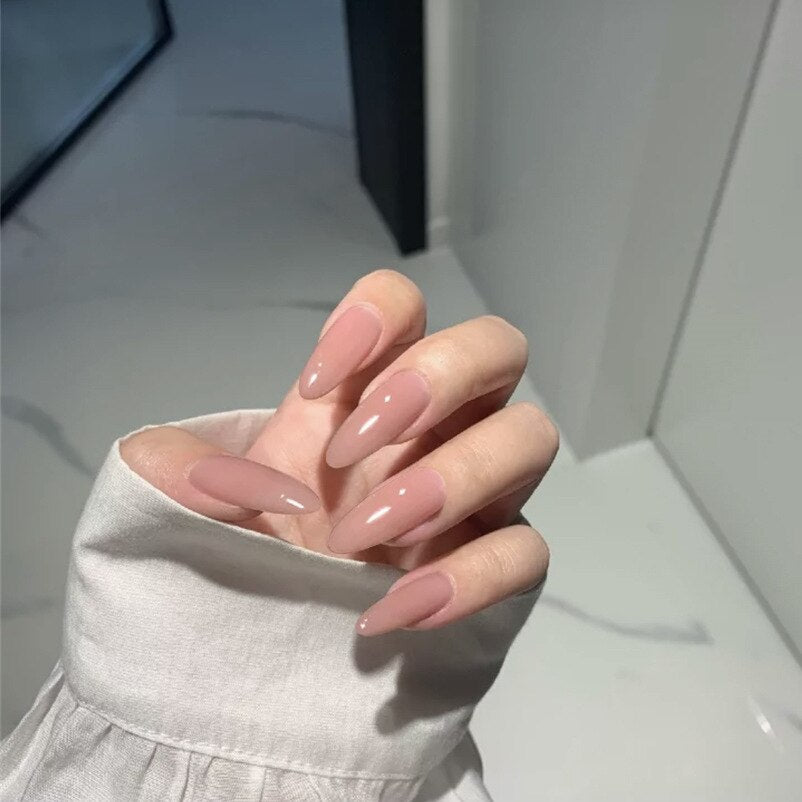 24pcs/Box Long Stiletto False Nails with Glue Red Nude Pink White MilkTea Color Jelly Nails Tips Full Cover Press On Nails