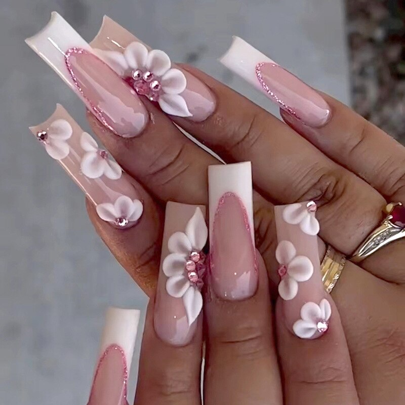 24pcs/box fake nails with Glue Detachable Long Ballerina False Nails With Design Wearable Fake Nails Full Cover