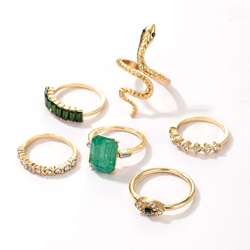 6pcs/set Luxury Green Rhinestone Rings for Women Vintage Crystal Snake Adjustable Metal Ring Set Jewelry