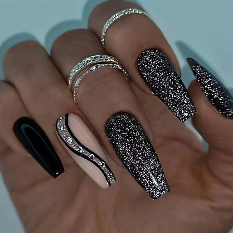 24Pcs Leopard Design False Nails Long Coffin Fake Nails with Rhinestone Wearable Ballet Press on Nails Full Cover Nail Tips