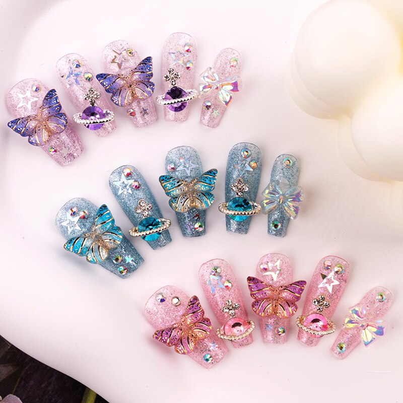 Purple Glitter Rhinestone Butterfly Handmade Press On Nails Y2K Long Short False Nails Girl Jewelry Reusable Fake Nails Tips