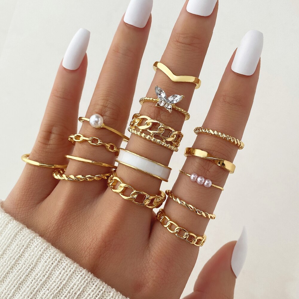 23pcs Hiphop Gold Color Geometric Wheat Rings Set For Women Girls Punk Star Moon Eye Wave Finger Rings Jewelry Party