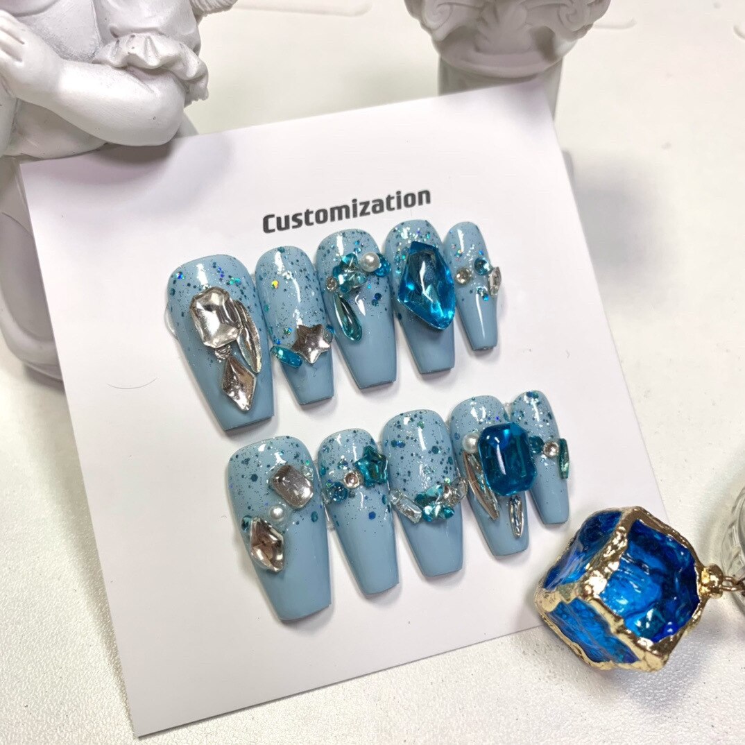 Blue Rhinestone French Style Long T False Nails Patch Finishe Nail Cat’s Eye Gradient Wearing Fake Nail Reused Nail Accessories