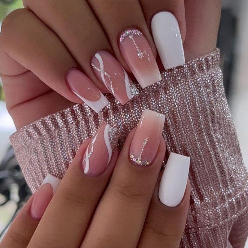 24Pcs Simple False Nails with White Edged Designs Long Ballerina Fake Nails Wearable Coffin French Nails Tips Press on Nails