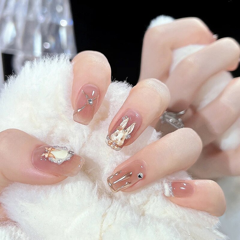 24pcs removeable short fake nails with glue Nude Pink artificial false nails with diamond designs acrylic press on nails